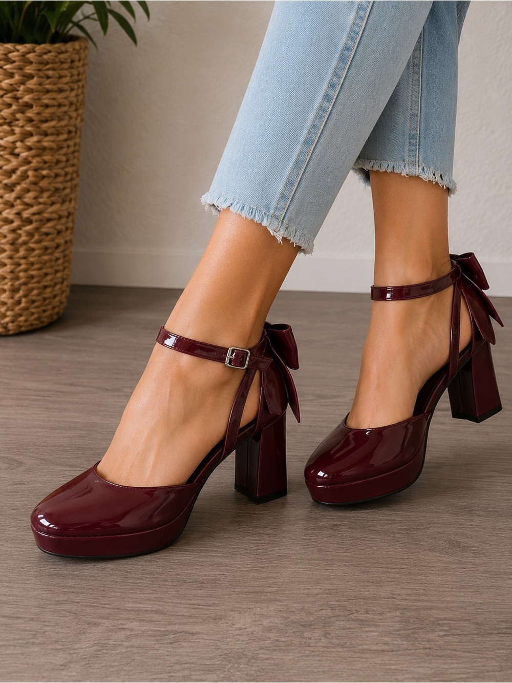 Burgundy Patent Platform Mary Jane Bow Heels Size 41 NWOT